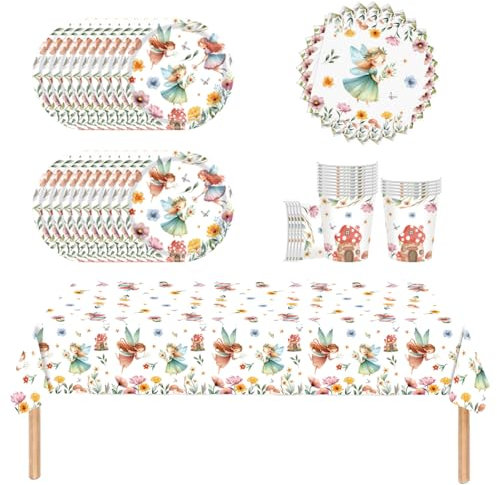 YINcrinx vajilla para fiestas de hadas y flores, cumpleaños infantiles y desechables, platos y vasos de papel, servilletas y manteles