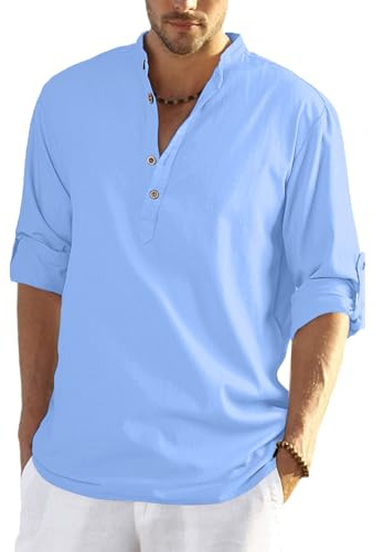 YAOHUOLE Chemise Lin Homme Manches Longues Été Mao Décontractée Henley Shirts Chemise Homme Decontracte