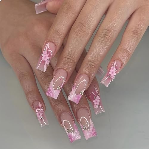 GlamRays Ongles Pression Longs Carrés Faux Ongles Fleurs Faux Ongles Pression Avec Design Rose Acrylique 3D Faux Ongles Couverture Complète Doux 24 Pièces