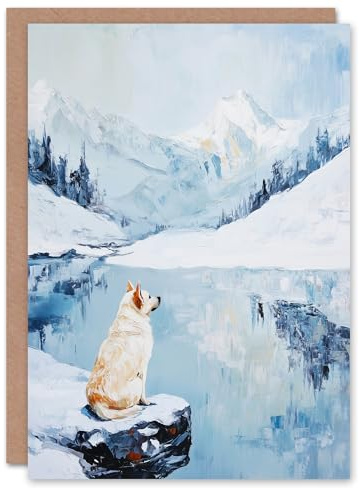 Artery8 Greeting Card Husky In Snowy Mountain Lake Landscape Dog Lover Blank For Him Or Her Art Birthday Card