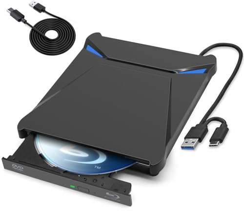 TOMVYTER Portable Lecteur BluRay Externe, USB3.0 Type -C Blu Ray Externe Lecteur, graveur de CD-ROM, Lecteur DVD bluray 4k pour Ordinateur Portable, Ordinateur de Bureau, OS/Windows 11/10 /8