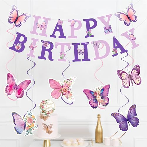 BSITSSS Schmetterling Deko, Happy Birthday Girlande, Geburtstagsdeko Happy Birthday Banner Schmetterlinge Hängende Wirbel Streamer für Erwachsene Kinder Mädchen Frauen Deko