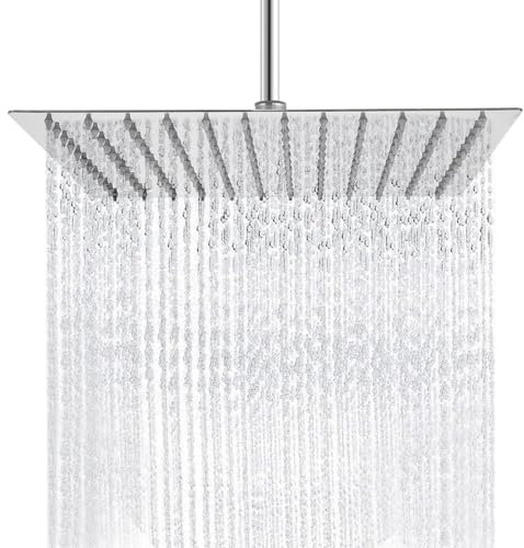 Square Shower Head 12 inch Rainfall Showerhead Stainless Steel Ultra Thin Powerful High-Pressure Bathroom Shower Head with Silicone Nozzle Standard Fitting