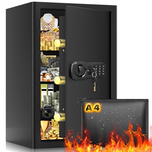 80L Large Fireproof Safe Box with Fireproof Document Bag, Personal Security Home Safe with 3 Removable Shelf, Anti-Theft Lock Box for Documents Money Jewelry Valuables