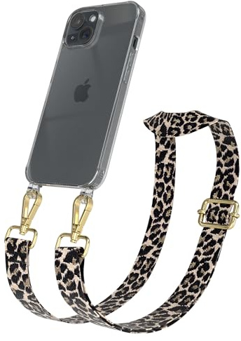EAZY CASE Handykette - Verstellbares Taschenband kompatibel mit iPhone 15, Schulterriemen, Handykordel mit Silikon Hülle, Umhängetasche, Leo - Schwarz Beige Gold