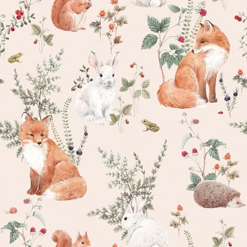 Decotalk Tapete Kinderzimmer Jungen Tier Muster 44.5X900cm Wandtapete Selbstklebend Kinderzimmer Kaninchen Eichhörnchen Fuchs Igel Wandfolie Wohnzimmer Klebefolie Wand Möbelfolie Abnehmbar Abwaschbar