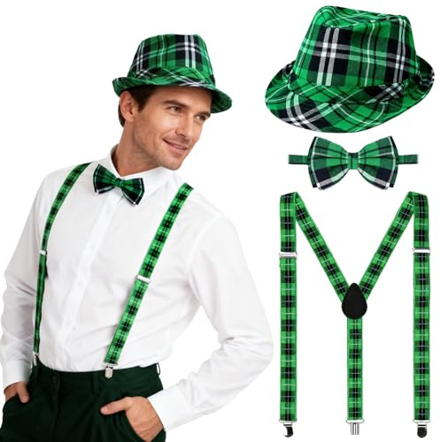 Nirecu St. Patrick's Day Kostüm Accessoires Herre,Grün Saint Patricks Day Hosenträger mit 1 Hut,1 Hosenträger und Fliege,St. Patricks Day Accessoires fur Karneval Mottoparty