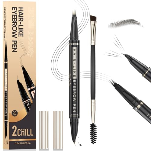 2CHILL 30° Matita per sopracciglia curva, Magic 2-in-1 per sopracciglia, Penna waterproof per sopracciglia con 4 punte, Colore per sopracciglia microblading vivace per donne (04 Nero Marrone)