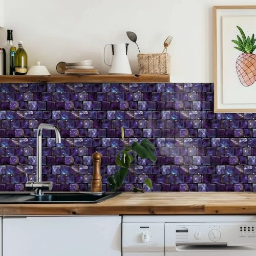 Fliesensticker 30x15 cm Lila Retro Stein Klebefliesen Boden Wasserdicht PVC Kamin Treppe Küchenrückwand Klebe Fliesen Fliesenfolie Küche Deko Fliesenaufkleber Bad 24 Stück