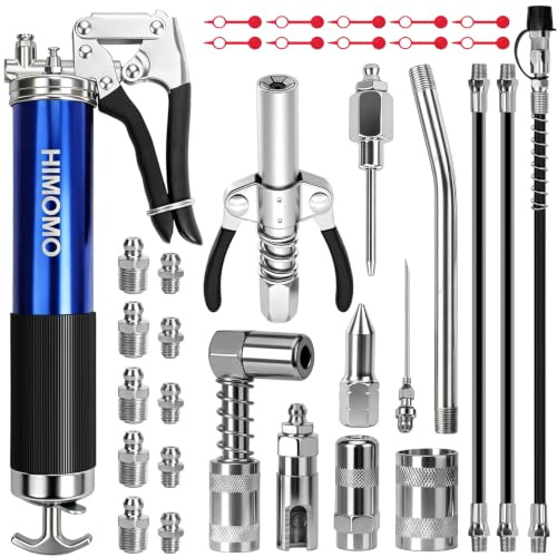 HIMOMO Pompe à Graisse 6000 PSI, Kit 33 Pièces pour Cartouches 400 g/14 oz avec Coupleur à Double Levier, Flexibles, Aiguilles, Buses, Adaptateurs et Graisseurs