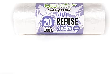 EcoBag - 20 Pack Refuse Sacks - 100L - 22 Microns - Heavy Duty, Leak Resistant Recyclable Bin Bags, Eco-Friendly, Durable Waste Disposal Bags for Household & Commercial Use (736 x 965mm)