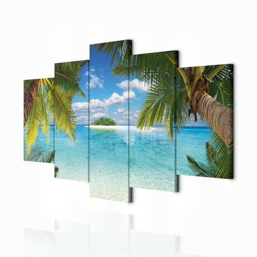 decomonkey Bilder Landschaft Meer 100x50 cm 5 Teilig Leinwandbilder Strand | Bild auf Leinwand, Wandbild, Kunstdruck, Wanddeko, Wohnzimmer, Wanddekoration, Insel, Palmen