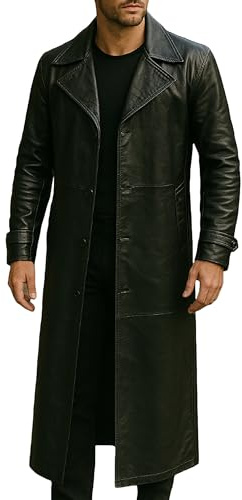 e_Genius Men's Long Trench Coat Black Faux & Real Leather Winter Overcoat, Cosplay Style Full-Length Jacket