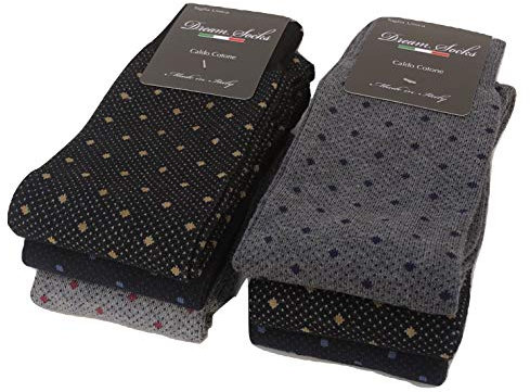 DREAM SOCKS 6 PAIA di calze calzini UOMO LUNGHE caldo cotone elasticizzate,100% Made in Italy,vari assortimenti (41-46, 6 X Set. POIS/PUNTINI)