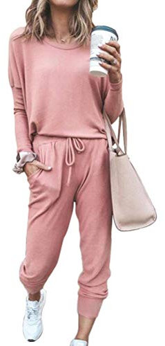 ORANDESIGNE Survêtement Femme Ensembles Sportswear Sweat Suit Pull avec Poches Casual Jogging Pyjama D'Intérieur Tenue Manches Longues Pantalon Joggers Rose 46