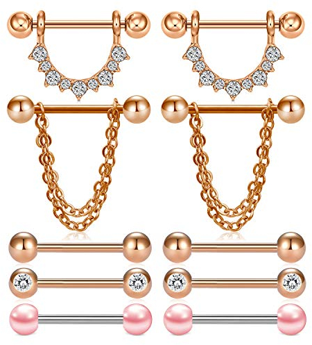 incaton 14G Piercing Téton Mamelon en Acier Chirurgical Anneaux de Langue Téton Mamelon Bijoux de Piercing Femme Homme (5 paires - or rose)