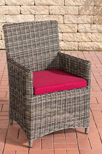 CLP Polyrattan Gartenstuhl Fontana 5mm I robuster Rundrattan Gartenstuhl mit Untergestell aus Aluminium Farbe grau-meliert Polsterfarbe Rubinrot