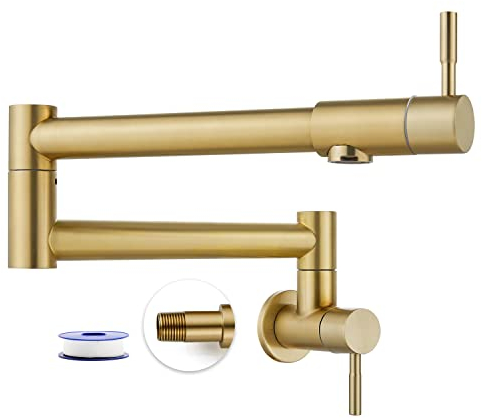 Heyalan Robinet de remplissage de casserole doré brossé pliable extensible à montage mural pour cuisine, restaurant, évier en acier inoxydable SUS304 avec bras pivotant à double joint unique trou