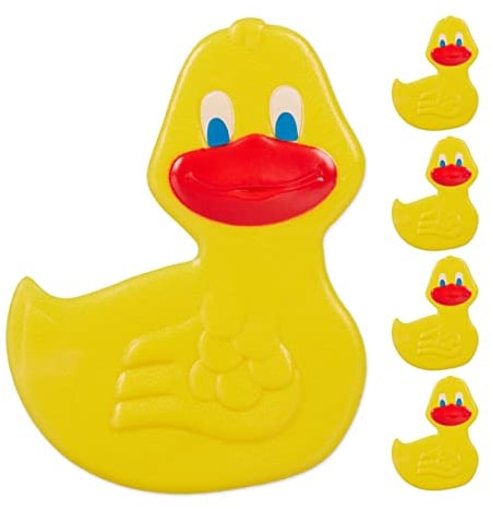 Relaxdays Adesivi Antiscivolo Doccia, Pad per Vasca da Bagno per Bambini, Set 5 Sticker a Anatra, con Ventose, Giallo