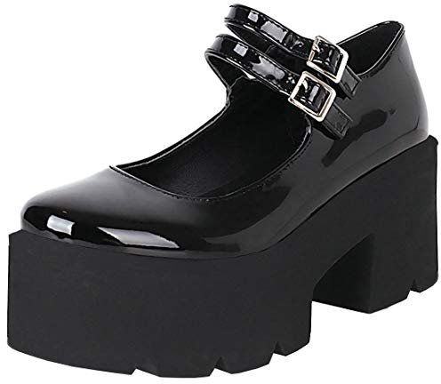 Etebella Damen Mary Jane Plateau Gothic High Heels Pumps mit Blockabsatz und Riemchen Lack Schuhe (Schwarz,41)