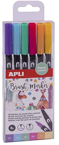APLI 18574 - Pack de 6 rotuladores acuarelables en tonos pastel, de doble punta (redonda de 1 mm y pincel de 1-4 mm)