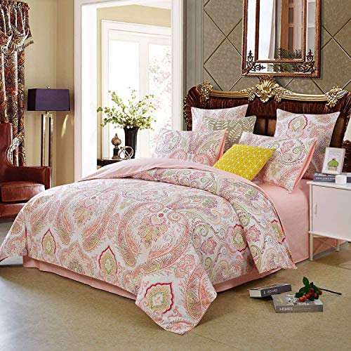 Lanqinglv Duvet Cover Set King Size Bohemian Pink White Floral Boho Patterned Bedding Sets,Elegant Microfiber Indian Flowers Quilt Duvet Cover with Zipper Closure and 2 Pillowcases 50x75cm