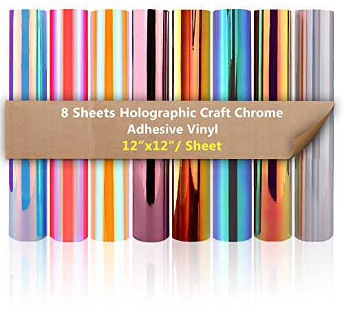 8 Pezzi Fogli Adesivi in Vinile Olografico Metallico - 8 Colori Permanente Fogli di Vinile Autoadesivo 30,5x30,5cm per Decorazioni - Funziona con Rilievo di taglio e contorno (Stesso Colore)