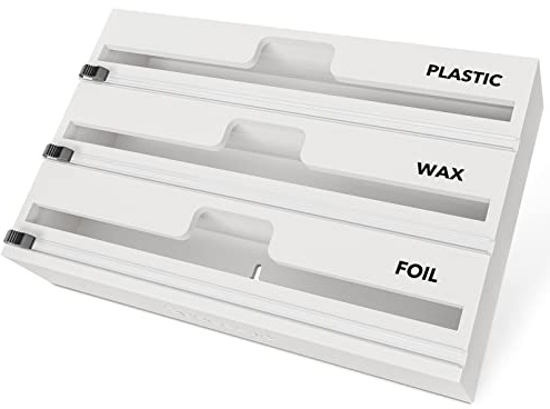 SpaceAid WrapNeat 3 in 1 Wrap Organizer with Cutter and Labels, Plastic Wrap, Aluminum Foil and Wax Bamboo Dispenser for Kitchen Storage Organization Holder for 12 Roll (White)