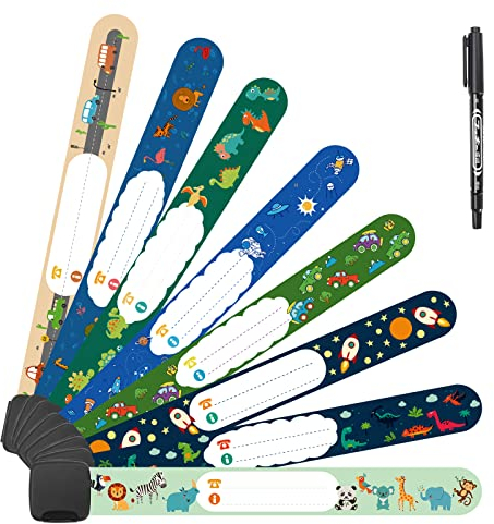 Vicloon Notfall-Armband für Kinder, 8 Stück Sicherheits ID Armband mit 1 Marker Stift, Anti verloren Notfallarmband Wasserdichtes Wiederverwendbares für Jungen Mädchen Kleinkind Baby