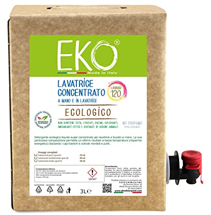 Eko Detersivo Lavatrice liquido, Senza Profumo Ipoallergenico - Bag in Box 3L - Ecologico Concentrato 120 Lavaggi