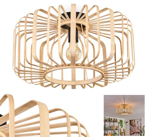 hofstein Plafonnier Oravi, lampe de plafond en métal noir, avec abat-jour en bambou/bois, Ø 45 cm, 1-flamme, douille E27, lampe moderne avec jeu de lumière, sans ampoules