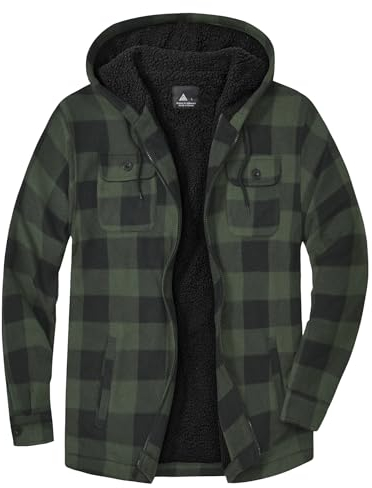 SwissWell Herren Hemdjacke Verdicken Karierts mit Reißverschluss Flanelljacke Plüschfutter Freizeit Gefüttert Kapuzenpullover Männer Winter Hemd Fleece Hoodie Winterjacke mit Taschen(Grün L)
