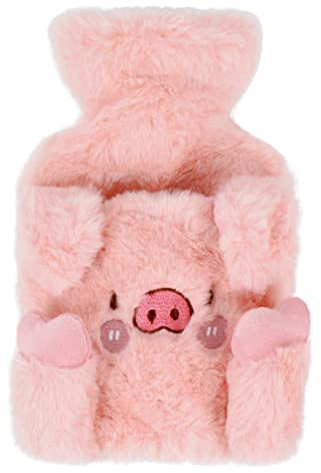 MilyaDE 350ml Wärmflasche mit Bezug Plüsch Bettflasche Wärmebeutel Fleeceüberzug Flauschig Waschbar, Rosa Schweinchen
