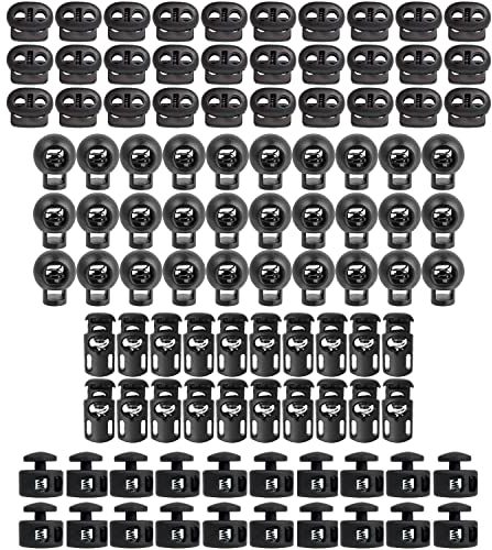 Kordel Stopper Set, 1- und 2-Loch, 100 Stück, Schwarz, für bis Ø 5 mm Kordeln, Bandklemme Bekleidung, Rucksack, Gummikordel Stopper, Schnellverschluss Schnürsenkel, Schnur Rutsche, Tanka Kordelstopper