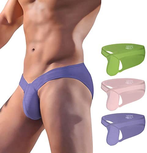 Meshal Slip da uomo in cotone a vita bassa morbido traspirante rigonfiamento Pouch biancheria intima sexy, Viola/Verde/Rosa 3pcs, Large