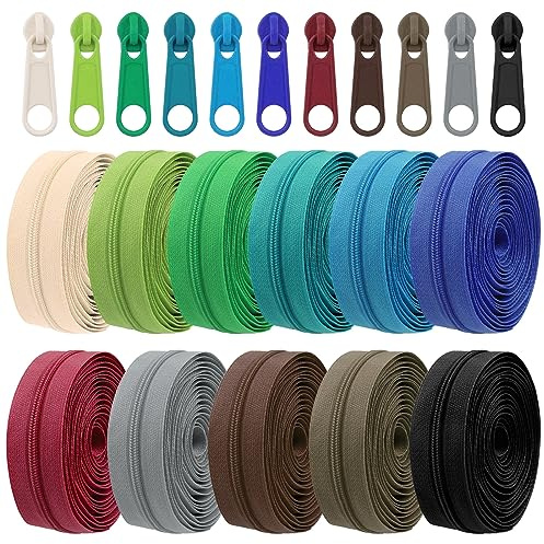 Tanstic 121Pcs(11 Sets) 33 Yards #3 Nylon Coil Zippers with Zipper Sliders Assortment Kit, 11 Colors Sewing Zippers Zipper Tape Nylon Zipper Bulk with Heads for Tailor Sewing Crafts