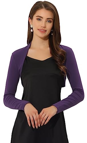 Allegra K Damen Bolero Langarm Festlich Crop Strick Jacke Einfarbig Baumwolle Elegant Schulterjacke Dunkel Lila XL