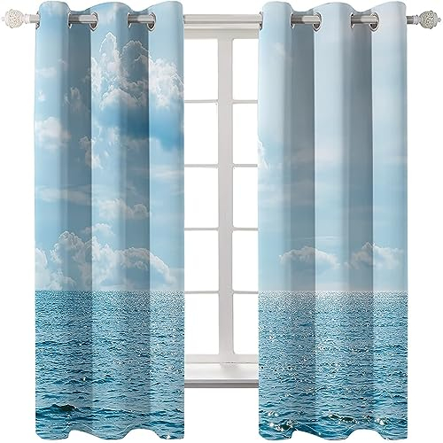 Homxi Blickdichte Gardinen Kinderzimmer 2er Set,2 x 132W x 183H cm,Vorhang Blickdicht Jugendzimmer Hellblau Meer und Himmel Ösenvorhang Wohnzimmer