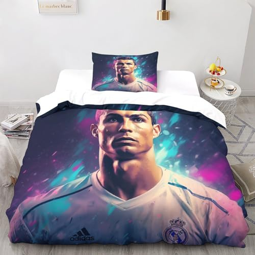 LSORU Ronaldo Bettwäsche 3D Bettbezug Set Mit Reißverschluss Und Kissenbezug, Mikrofaser Bettbezüge 3 Teilig Für Erwachsene Kinder Single(135x200cm)