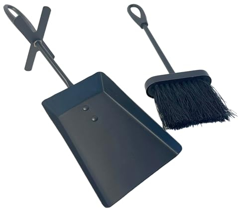 FIRESIDE BRUSH and PAN shovel set | Tidy clean log burner stove | Powder coated black finish | Built-in stand | Hearth Iron Fireside Tidy Set | Bannister set