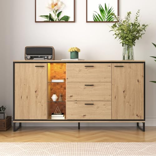 KOMHTOM Buffet Commode en Bois d'origine, Buffet Salle a Manger avec Deux Portes et Trois tiroirs, Meuble Polyvalent pour Le Salon, la Salle à Manger et Le Hall d'entrée.