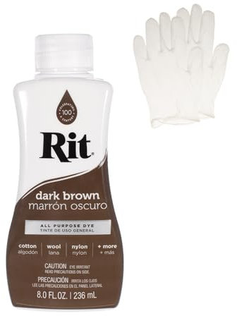 Rit Dye - Tinte líquido para tela, para manualidades, ropa y decoración, botella de 8 onzas, marrón oscuro (guantes incluidos)