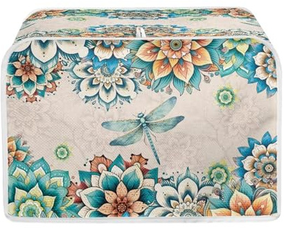 Lotusorchid Dragonfly Bread Maker Cover 4 Slice, Mandala Flower Bread Toaster Cover Washable for Kitchen, Toaster Cover Dust and Fingerprint Protection Comfy, Great Gift, Champagne and Blue