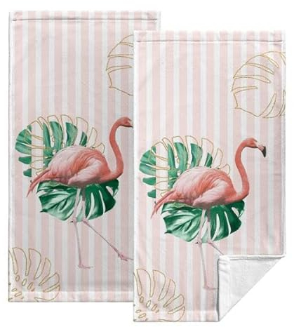 Kwlegh Handtücher mit tropischem Flamingo, 2 Stück, Palmen-Monstera-Blätter, Küchentücher, rosa Streifen, Strandbadetuch, weich, saugfähig, Fingerspitzen, Gesichtstücher, Sommer, Gäste, Geschirrtuch,