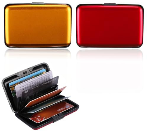 2 Pcs Étui Porte-Cartes de Crédit en Aluminium Anti-RFID avec 6 Slots pour Vos Cartes, Convient comme Porte-Cartes & Étui pour Cartes de Visite, pour Hommes et Femmes (Rouge et Or) Pratique Sécurisé.