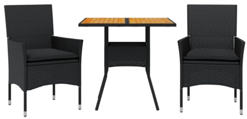 vidaXL Garten Essgruppe 3-TLG., Gartenmöbel Set mit Kissen, Gartengarnitur Tisch 2 Stühle, Lounge Sitzgruppe Sitzgarnitur, Schwarz Poly Rattan Akazie
