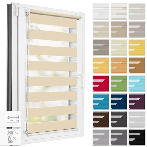 Estika Doppelrollo Klemmfix ohne Bohren, Breite alle 1 cm - 60 cm x 150 cm - Beige - Tag und Nacht Duo Rollo, Rollos für Fenster ohne Bohren, Fenster sichtschutz