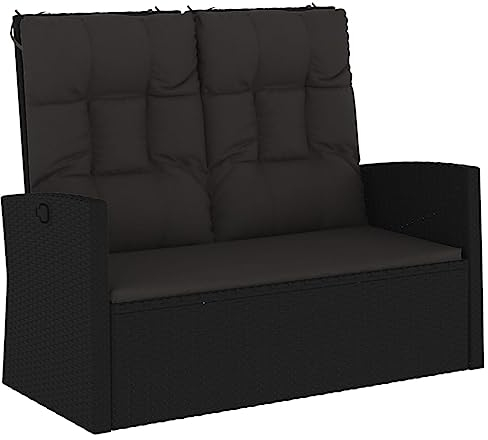 Makastle PE-Rattan Gartensofa mit Liegefunktion & Kissen, 2 Sitzer Loungesofa Gartenbank Gartenliege Sonnenliege Sitzbank Bank Balkonbank Gartenmöbel, 118 x 62 x 95 cm Schwarz