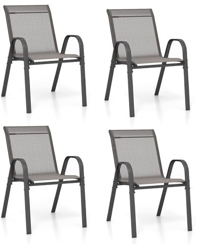 KOMFOTTEU 2/4er Set Gartenstühle, Stapelstühle aus Stoff mit Metallrahmen, Balkonstühle stapelbar mit Armlehnen und hoher Rückenlehne, Terrassenstühle 56 x 70 x 84 cm (4, Grau)