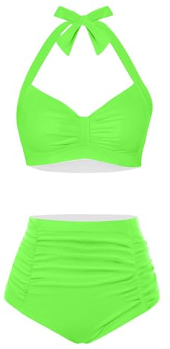 Holipick Women High Waisted Bikini Set Two Piece Swimsuit Tummy Control Bathing Suit Vintage Halter Swimwear, Neon Green, Large